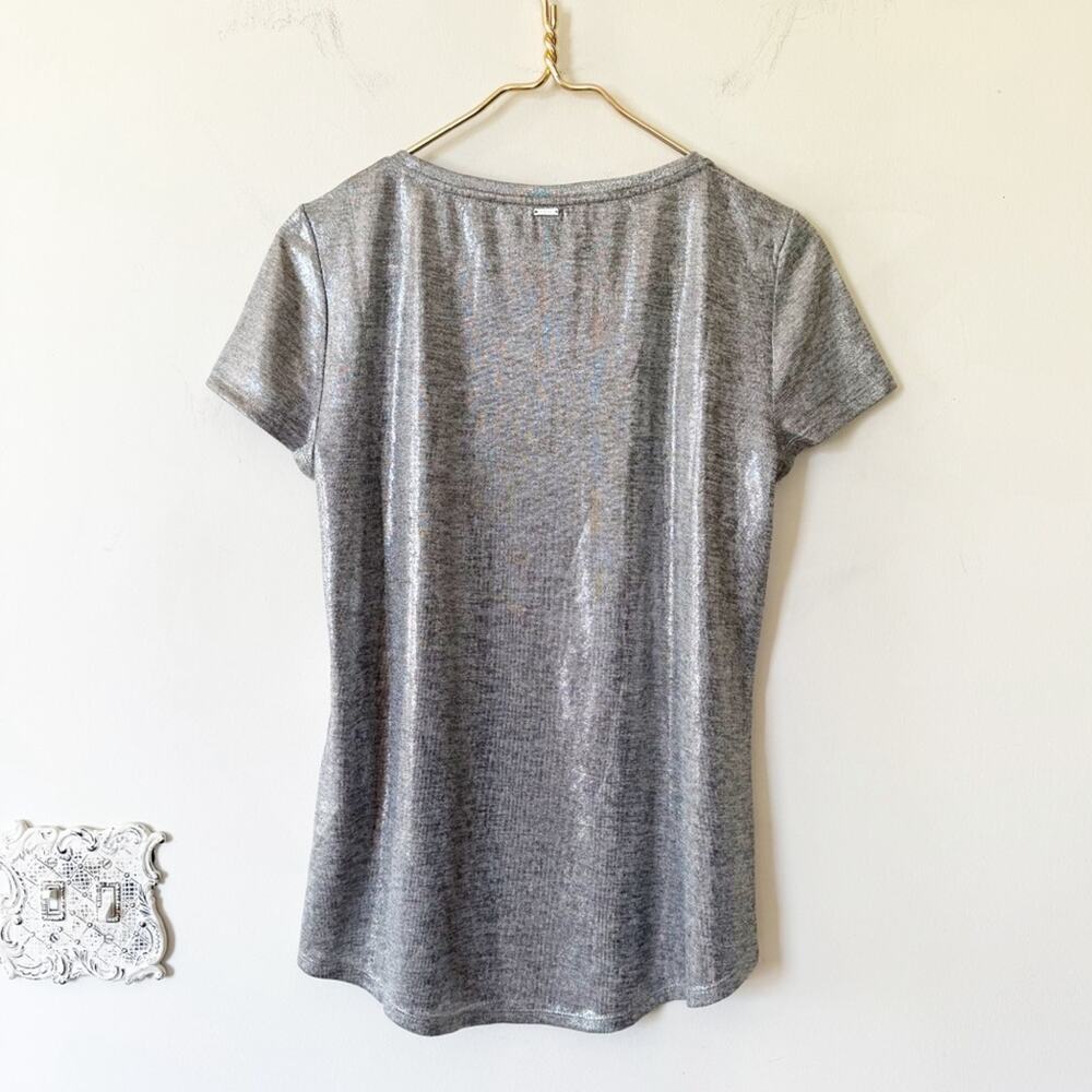 NWOT White House Black Market Silver Metallic V Neck T Shirt S - Picture 8 of 9